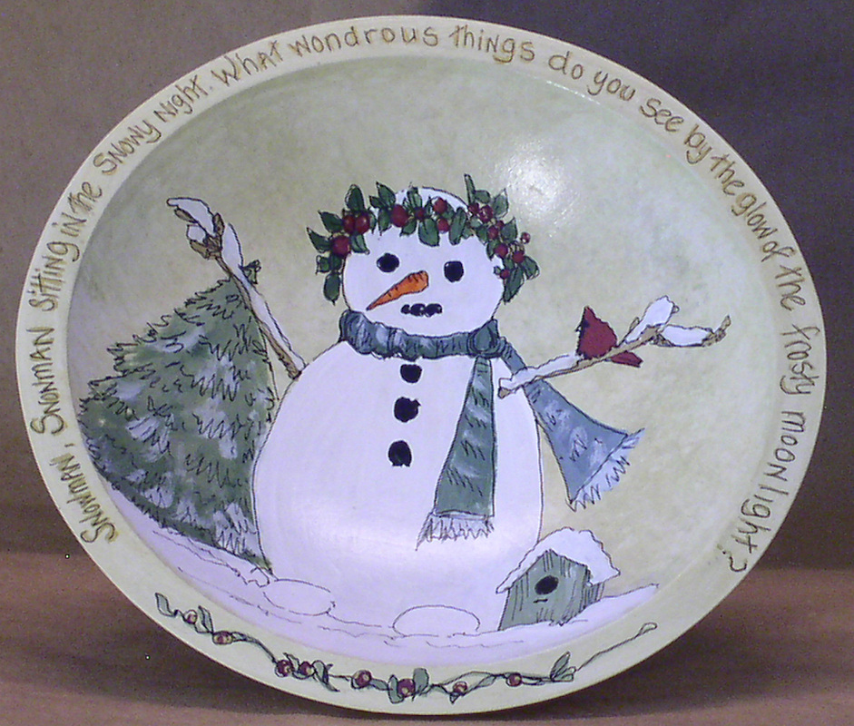 snowman painted wood bowl