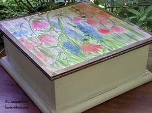 Large Painted Wood Box Watercolor Garden Flowers 