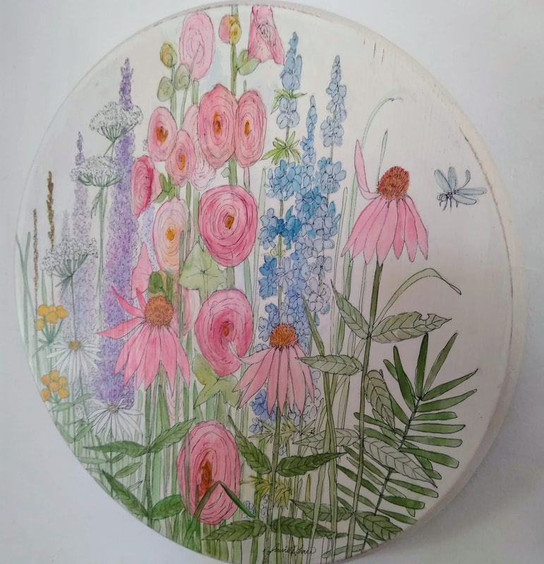painted Lazy Susan with pink hollyhocks