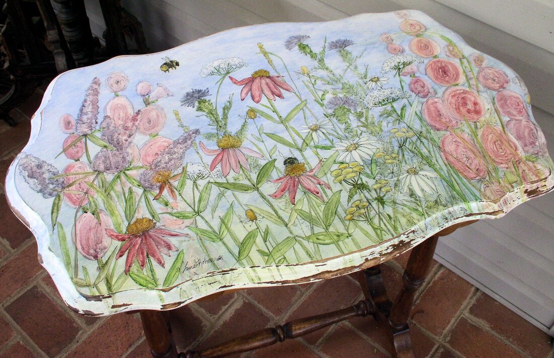 hand painted table with flowers in watercolor and ink