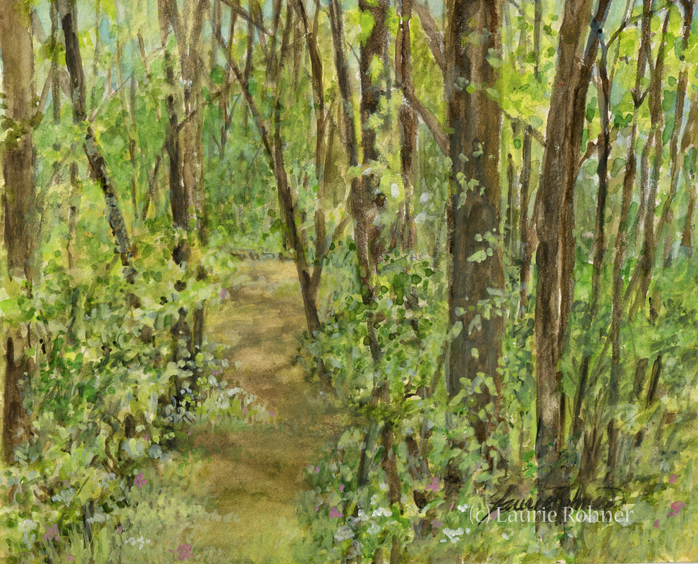 Woodland Path Trees Watercolor